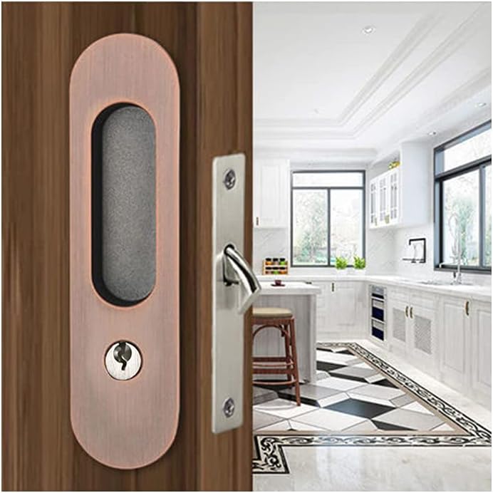 6.8" Privacy Pocket Door Lock Hardware, Invisible Handle with Keys, Recessed Handle for Sliding Door Lock Furniture, Bronze