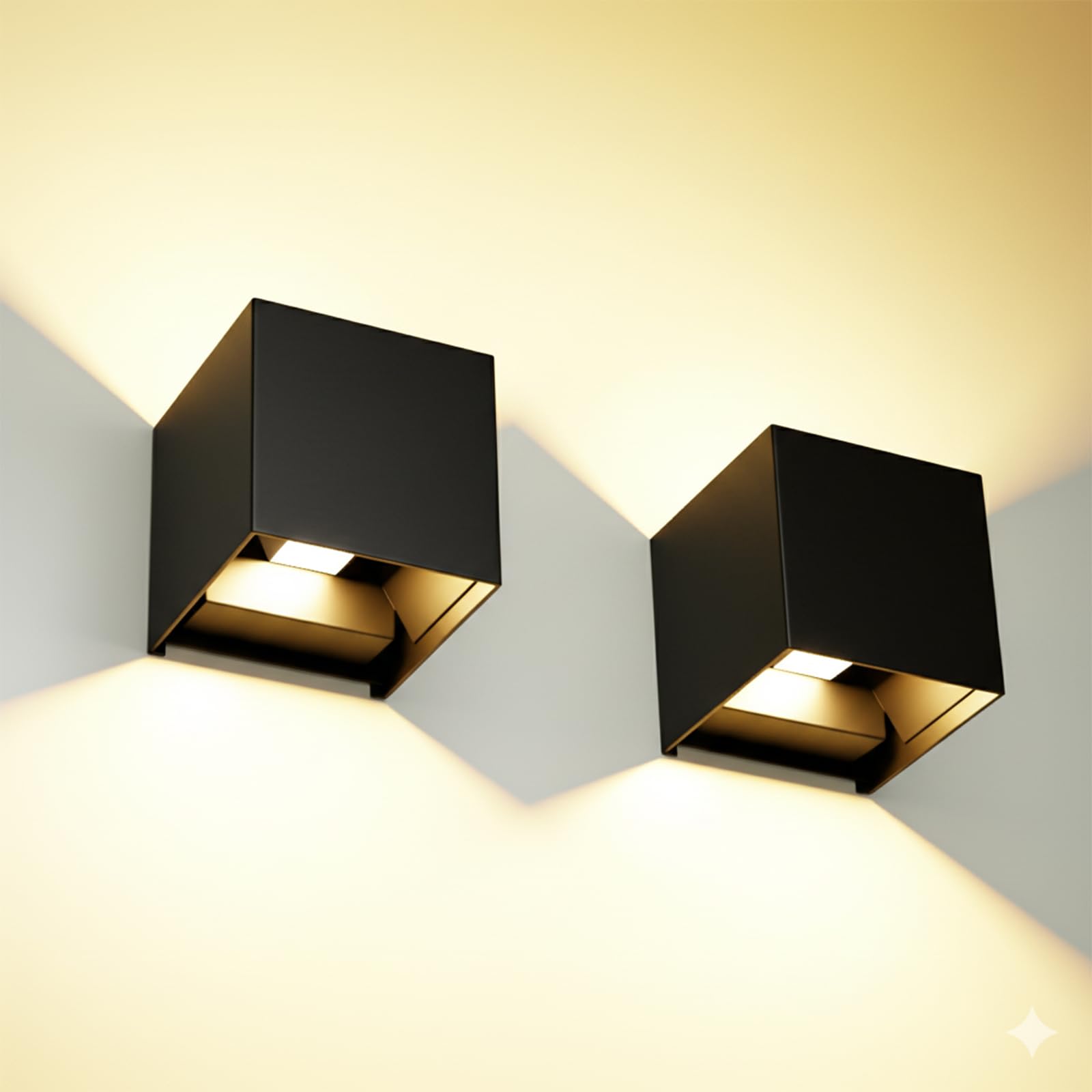 Voltix 2 Pezzi Applique da Parete LED per Esterno e Interno, Lampada da Parete Moderna Nero 12W, IP65 Impermeabile, Fascio Luminoso Regolabile, Design Cubo Quadrato per Muro (3000K – Luce Calda)