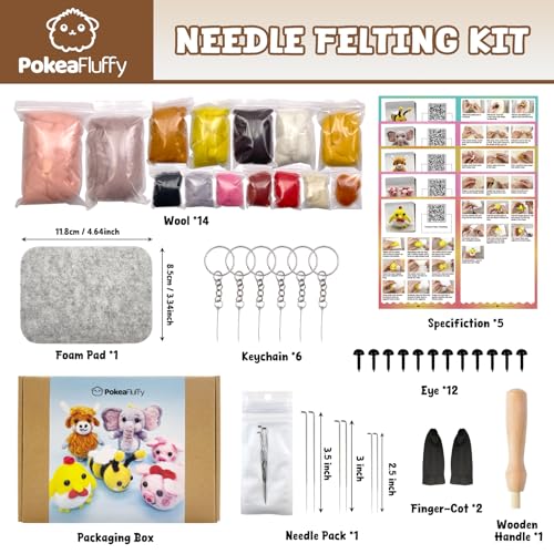Image of PokeaFluffy Needle Felting Kit, 6 Pcs Animals Needle Felting Starter Kit for Beginner Adult, Wool Felt Set with Instruction, Wool Roving, Foam Mat, DIY Home Decoration Holiday Craft Gift Idea