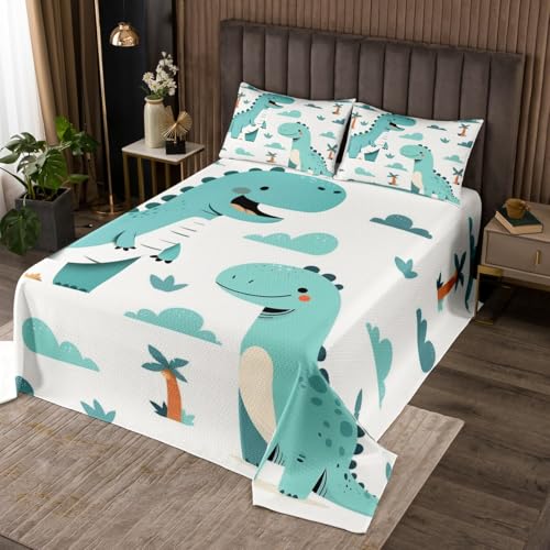 Blue Dinosaur Bedspread for Kids Boys,Cute Dino Cartoon Wild Animal Coverlet Set Bedroom Decor Soft Quilted,Kawaii Style Cloud Trees White Quilt Set with 1 Pillow Sham, Twin Size