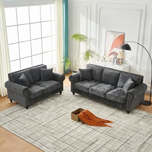 2-Piece Classic Chenille Living Room Sofa Set, Chesterfield Sofa Set of 2 for Living Room - Traditional Rolled Arm Couch & Loveseat with Nailhead Trim, Solid Wood Frame, Earthy Tone Upholstery, Gray