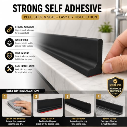 Image of Shower Water Barrier 2 Metre, Black Silicone Shower Threshold Water Dam 5cm, Bathroom Water Stopper Strip with Waterproof Adhesive, Wet & Dry Floor Separation, Easy Cut to Fit