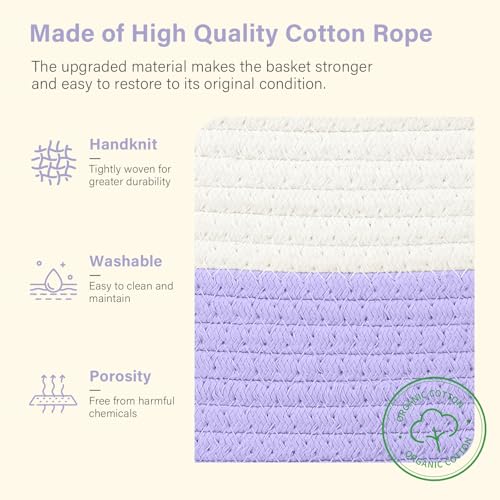 Image of Patvingot 13 inchx10 inchx9 inch Cotton Rope Storage Basket, Woven Baskets with Handles for Organizing Home Office, Shelves, Nursery, Laundry, and Toys,Empty Gift Basket-3 Pack,White /Purple