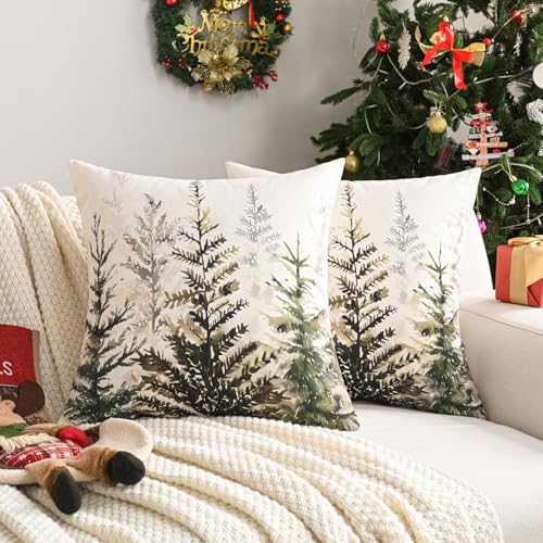 FUTEI Decorative Christmas Tree Pillow Covers 18×18 Inch Set of 2Christmas White Linen Cushion Cases Winter Christmas Throw Pillows for Sofa Couch Bed Living Room
