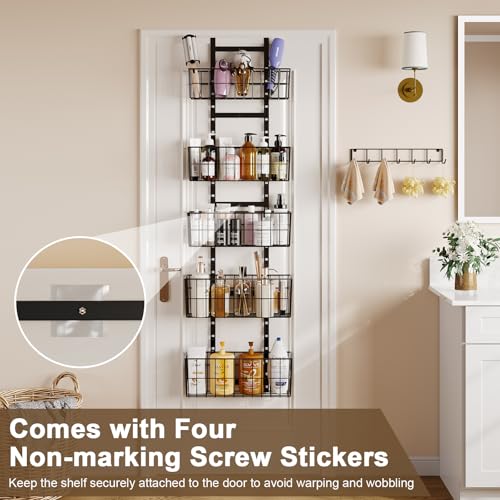 Adjustable Over the Door Laundry Room Organizer, Hanging Metal Laundry Room Shelves with 5 Wire Basket 7 Hooks, Wall Mounted Heavy Duty Shelf for Laundry Room Organization and Storage