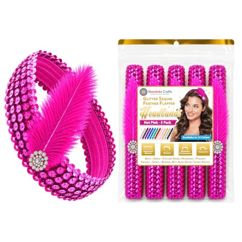 Mandala Crafts Hot Pink Glitter Sequin Headbands with Ostrich Feather Flapper for Women – Elastic Sparkle Bands for Disco, Dance, Carnival Party, or Costume Accessories