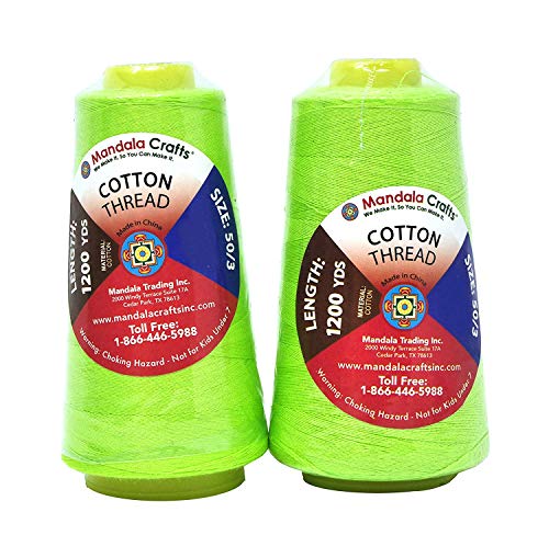 Image of Mandala Crafts Lime Green Mercerized Cotton Thread Cones, Sewing Quilting | 2400 Yds 50 WT, 100% Long Staple Cotton, Multipurpose, for Embroidery, Piecing, Sergers, Applique, Machine and Hand Sewing