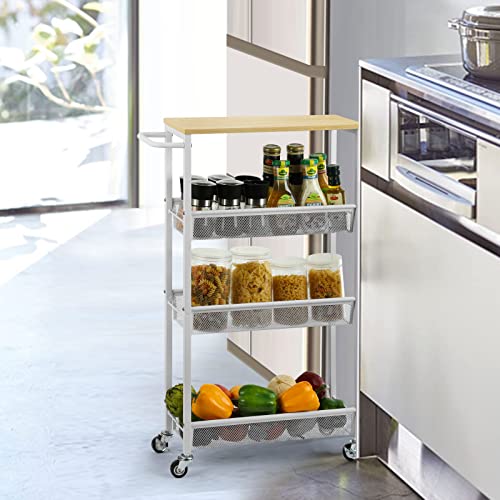 MOOACE Slim Storage Cart, 4 Tier Rolling Kitchen Shelving Unit on Wheels Mobile Narrow Cart with Wooden Tabletop for Bathroom, Laundry Narrow Places, 16.6''x 7.3''x 31.1''inch - White - Thumbnail 3