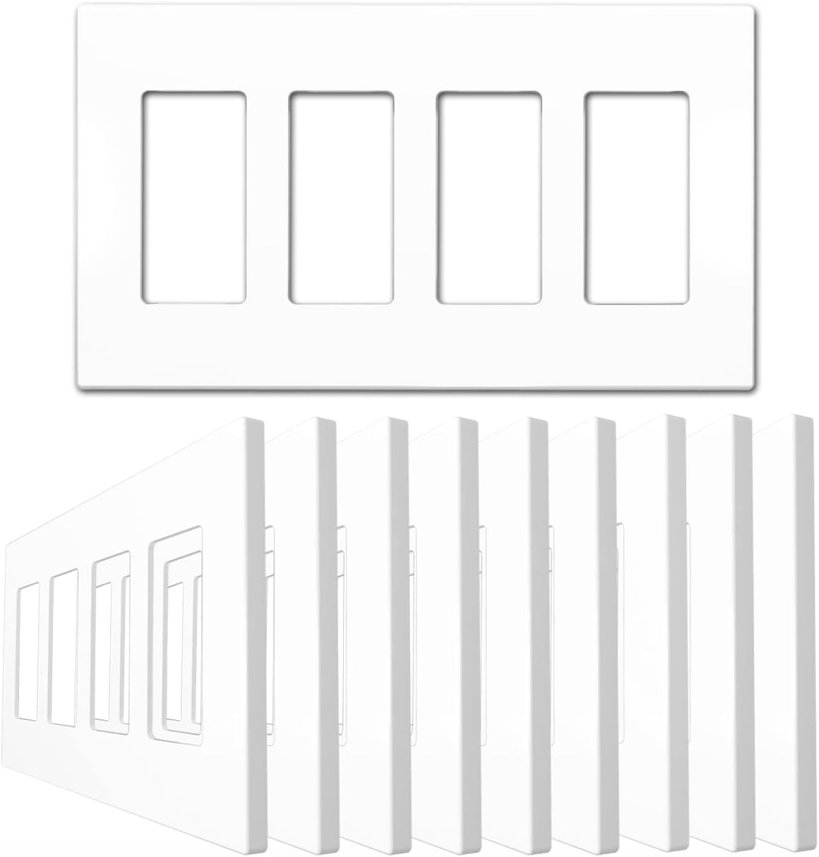 NEU 4-Gang Screwless Decorator Wall Plates Child Safe Outlet Cover, 4.75" x 8.25", Unbreakable Polycarbonate Thermoplastic, Glossy White