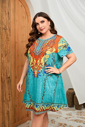 Hbeyyto Summer Casual Tshirt Dresses For Women Plus Size Tropical Print Swing Sun Dress Beach Swimsuit Cover Ups With Pockets Floral 3X thumb #7