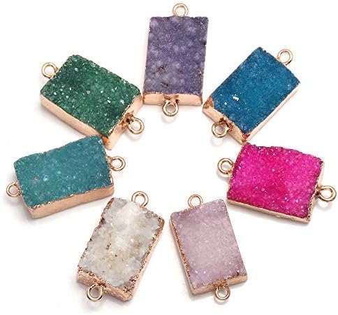 LE SKY Natural Druzy Agate Rectangle Pendants Connectors Gemstones Links Charms with Brass Pinch Bails for Jewelry Making 5 Pcs image 4