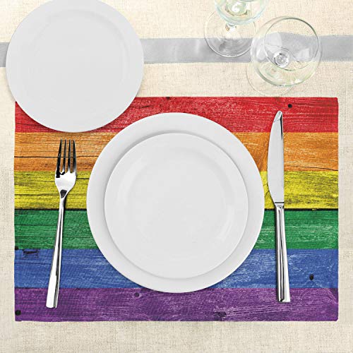Lunarable Rainbow Place Mats Set Of 4, Old Tainted Wooden Planks In Rainbow Colors Flag Pattern Pride Theme Vintage Print, Washable Fabric Placemats For Dining Table, Standard Size, Yellow Green #TOP2