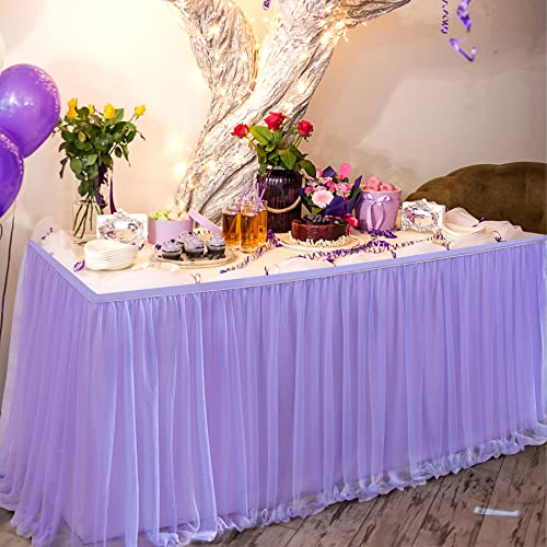 72in Lavender Tulle Table Skirts for Rectangle Tables 6/4ft, 2-Layer Gold Grim Lilac Purple Ruffle Tulle Tutu Cloth Table Skirt 6ft for Mermaid Birthday Party Baby Shower Dessert(No Table Cover) by NSSONBEN - Image 4