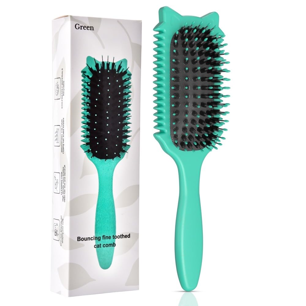 Qyuekar Curl Defining Brush for Curly Hair - Detangles, Volumizes, Defines Waves Coils, Reduces Frizz, Fun Cat Head Green