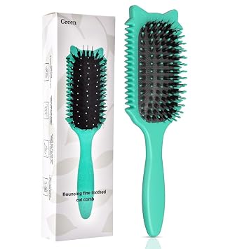 QYuekar Curl Defining Brush, Curly Hair Brush for Curls Waves & Coils, Define, Volumize, Detangle Women Girls Curls, Reduce Hair Pulling Frizz, Fun Cat-Head Design, Green, 1PCS