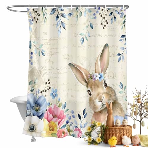 Vandarllin Spring Easter Shower Curtain, Floral Bunny Shower Curtains Set with Hooks, Flower Leaves Rabbit Waterproof Fabric Bathroom Curtains Decor Home Accessories,72 X 72 Inch Long