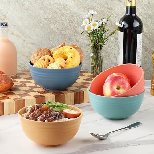 MONGSEW Unbreakable Wheat Straw Cereal Bowls, Microwave & Dishwasher Safe Kitchen Bowls for Cereal, Snack, Rice, Soup and Salad, 4 Colors, BPA Free, 26oz (Set of 8)