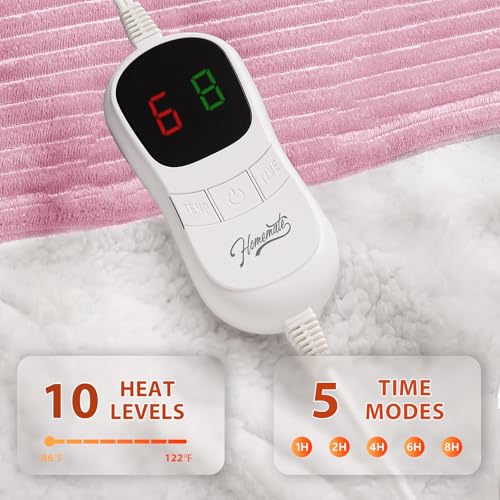 Image of Homemate Electric Heated Blanket Full Size - 72 inchx84 inch Heating Blanket Full Size 1 /2 /4 /6 /8 Hours Auto-Off 10 Heat Level Over-Heat Protection Soft Flannel Sherpa ETL Certification
