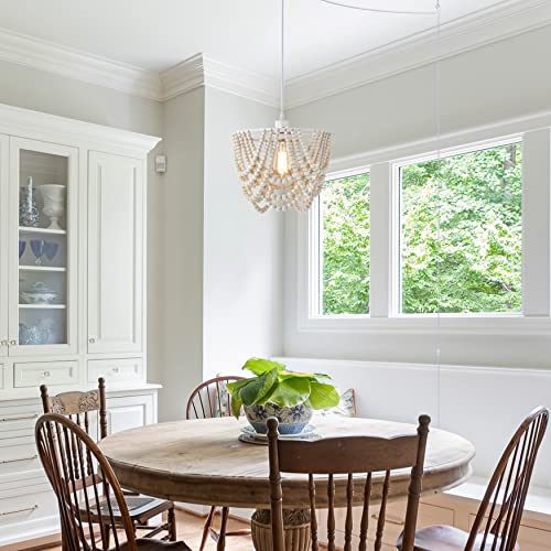 Boho Pendant Light Plug In Wood Beaded Plug In Chandelier 1-Light Whitewashed Chandelier Light Fixture Plug In Chandelier Lighting With Cord #TOP4