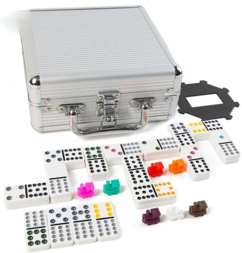 Playbees Mexican Train Dominoes Set with 4 Wooden Trays – 91 Double 12 Color Dot Dominoes, Aluminum Storage Case, 9 Train Markers, Hub Starter Tile & Scorepads – Complete Family Board Game