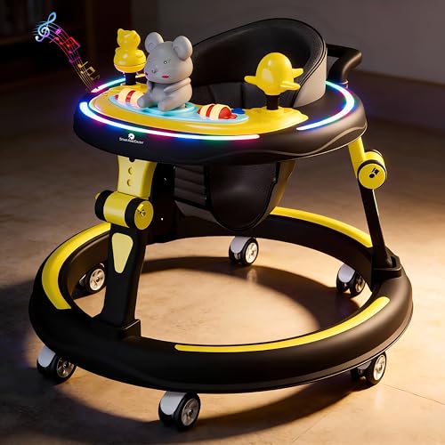 Image of StarAndDaisy Baby Walkers for 6-24 Month Baby boy 360 Walker for Kids for 6-24 Months with RGB Light, 7 Level Height Adjustment, Baby Walker with Switchable Food & Musical Toy Tray -Yellow Black