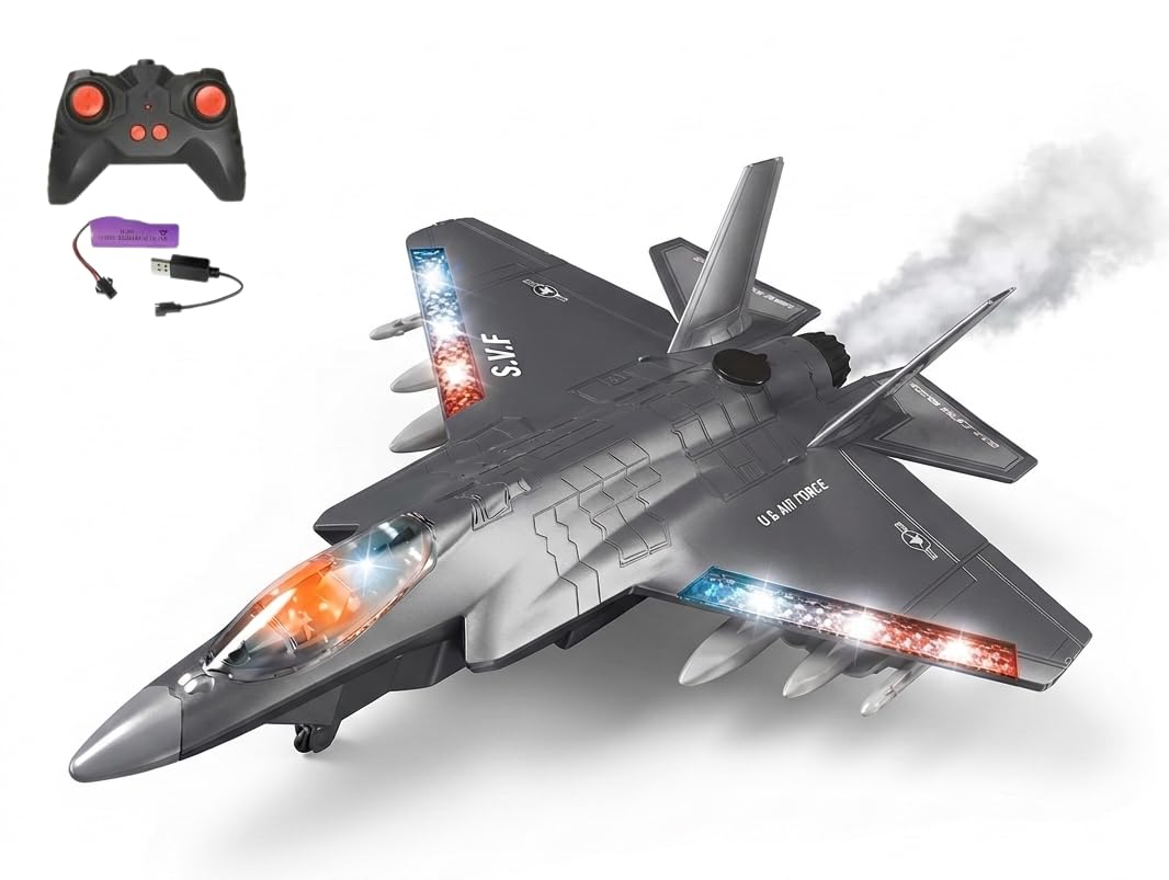 Jack Royal F-35 Warplane Remote Control Fighter Jet Military Aircraft Plane with Light Muisc & Smoke High Speed Remote Aeroplane Toy (Grey)-image-47