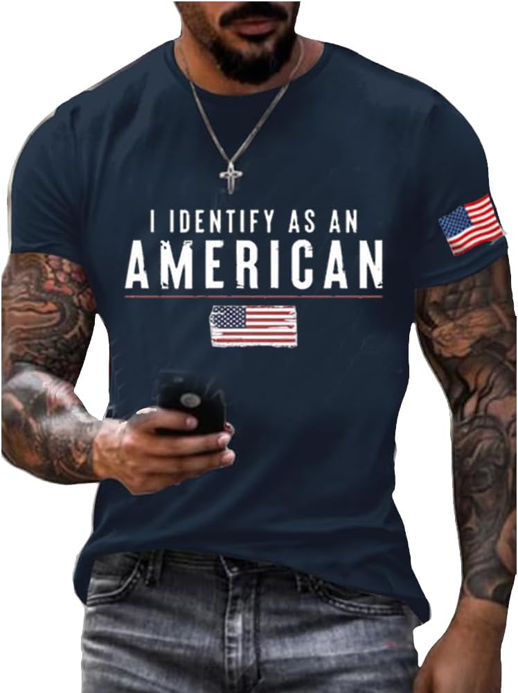 Generic I Identify As an American T-Shirt Patriotic Men Tee Political Tshirts 4Th of July Shirts Men Crewneck Top, 5X-Large
