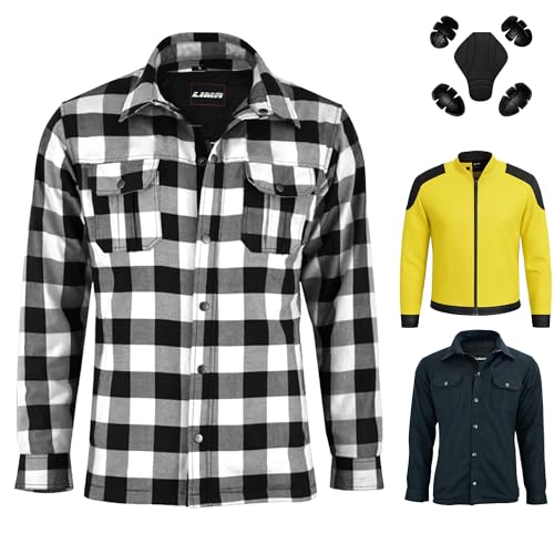 Mens Motorbike Shirt Aramid Fibre Lining CE-Approved Armoured Casual motorbike Jacket Summer jacket Casual Biker Shirt Motorcycle Flannel Shirt (UK, Alpha, L, Regular, Regular, Check Black/White)