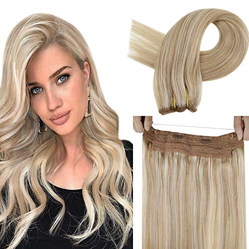 Real Halo Hair Extensions LaaVoo Hidden Crown Halo Couture Hair Extensions Ash Blonde Highlight Light Blonde Halo Extensions Remy Hair Highlight Halo Hairpiece with Secret Wire One Piece 20" 100g
