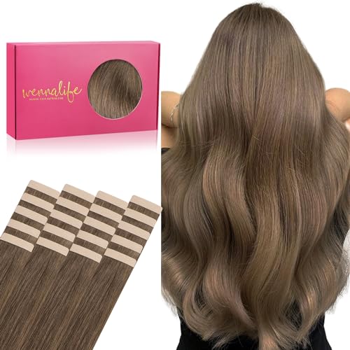 WENNALIFE Tape in Hair Extensions Human Hair, 20pcs 50g 18 inch Light Ash Brown Remy Hair Extensions Straight Human Hair Tape in Extensions Skin Weft Tape Extensions Human Hair