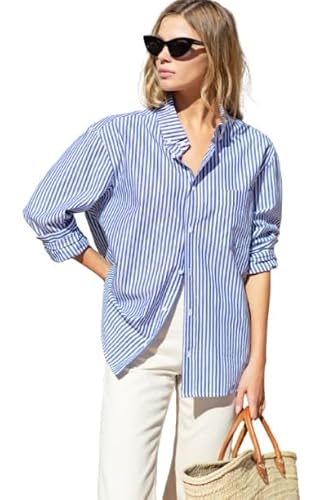 Women Striped Shirt,Oversized Cotton Shirt for Women,Long Sleeve Shirt 6.