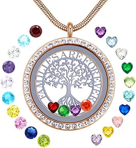 18K Gold Plated "Familes Are Forever" Pendant Birthstones Necklace, Family Tree of Life Floating Locket,30mm Round Stainless Steel Diy Charms Living Memory, Gift for Women Girls