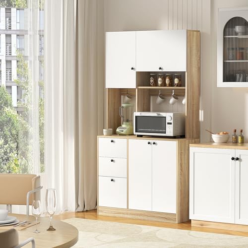 Vowner VOWNER20230207 71"" Farmhouse Kitchen Pantry Storage Cabinet, Large Microwave Stand With 3 Drawers And 4 Doors, Versatile Kitchen Hutch For Dining Room, Living Room, White & Wood thumb #2