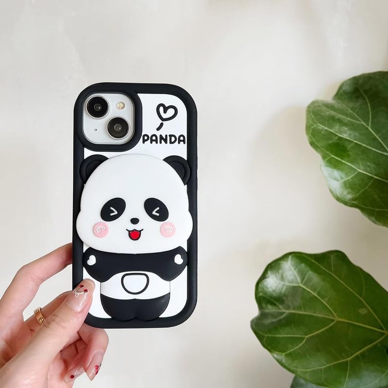 Image of COVERLY 3D Panda Mirror Cartoon Stand Case,Premium Silicone Full Protective Case Cute Bear Love with Phone Holder Cool Makeup Mirror Kawaii Aesthetic Cover for Apple iPhone 15 Pro Max
