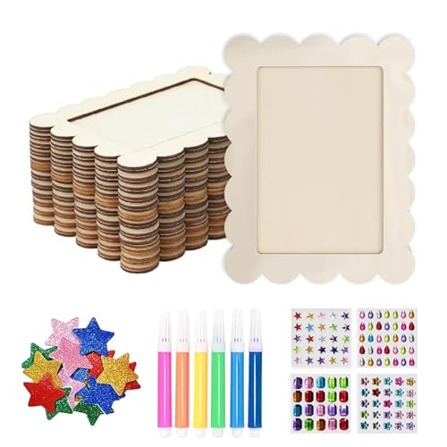 10 Stück Holzbilderrahmen, Bilderrahmen Zum Bemalen, Holzbilderrahmen Zum Bemalen mit 12 Acrylstifte & 4 Sorten Glitzersteinen, 3D Schaumstoff Sternstickern für Kinder, Hochzeit, Bemale (Stil C)