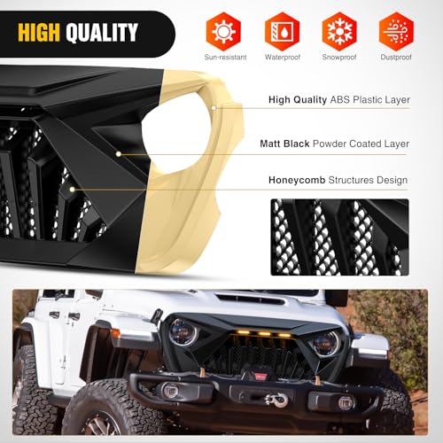 Image of Nilight Front Bumper Grill Cover for 2018 2019 2020 2021 2022 2023 2024 2025 Wrangler JL and Gladiator JT with LED Amber Lights Matte Black
