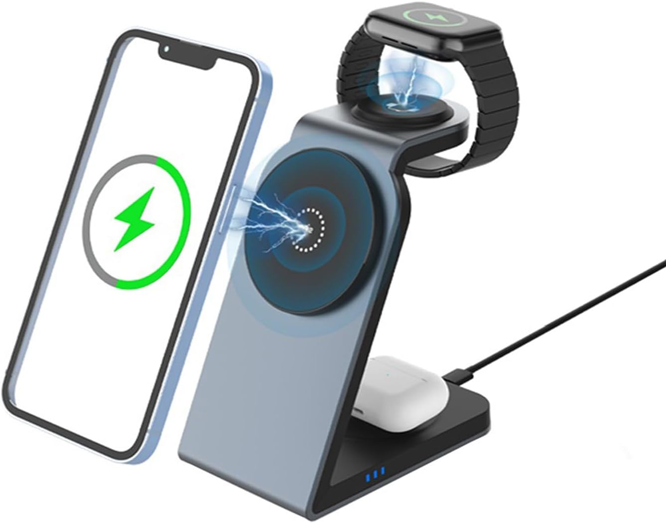 3 in 1 Magnetic Wireless Charging Station 15W for iPhone 17/16/15/14, Pro, Pro Max Series, 3W for Apple Watch 10/Ultra 3/SE/9/8/7/6/5/4/3/2, 5W for AirPods 4/3/2 Pro (Light Blue, Metal Body)