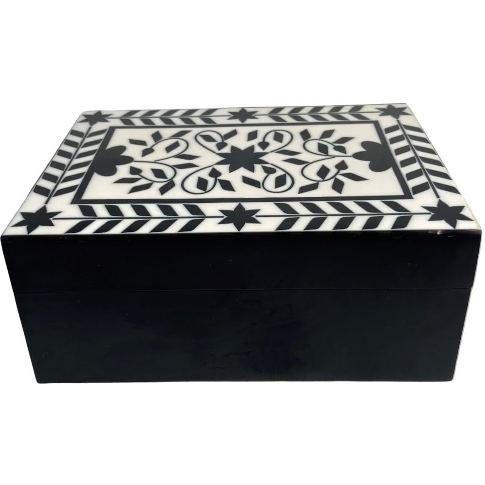 collectiblesBuyHandmade White Floral Inlay Wooden Jewelry Box – Rectangular Keepsake Organizer with Lid | Elegant Storage for Rings, Earrings, Accessories & Home Decor