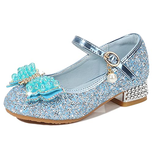 YOSICIL Principessa Scarpe con Tacco da Bambine e Ragazze con Fiocchi Scarpe da Principessa con Paillettes Ragazza Ballerine Glitterate Scarpe Eleganti Partito e Carnevale,Blu,31