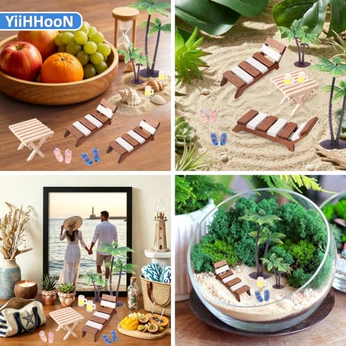 YiiHHooN 9 Pièces Mini Décoration de Plage, Ensemble Miniature avec Chaises Longues Table Arbres Bouteilles et Tongs, Accessoires Bois et Plastique pour Maison de Poupée Micro-Scène Photo – vue 7