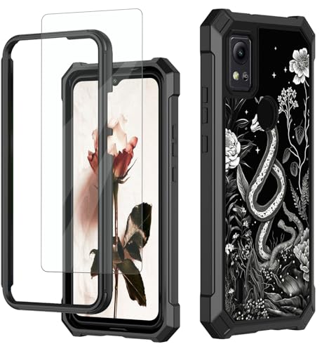 RAUEDWDJS for Cricket Icon 5 Case, AT&T Motivate 4 Phone Case with Glass Screen Protector,360 Full-Body Hard PC & Soft TPU Bumper Shockproof Protective Phone Case for Icon 5th,Vintage Snake Flower