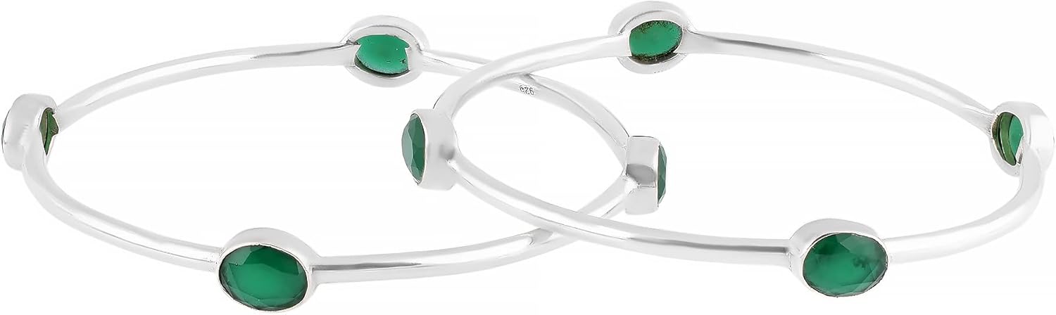 925 Sterling Silver Handmade Bangle with Oval Green Onyx Gemstones – 7.5 mm Wide Bezel Set – 11.60g Artisan Jewelry