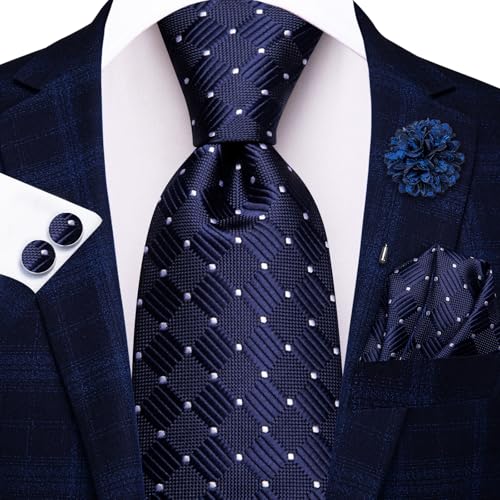 Image of Hi-Tie Men Silk Ties Set with Flower Lapel Pin Necktie Pocket Square Cufflinks for Tuxedo Wedding Business