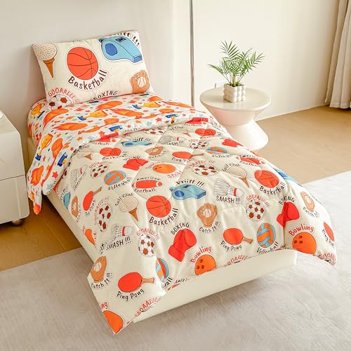 Image of Tailor Shop 4 Pieces Toddler Sports Bedding Toddler Basketball Football Baseball Comforter for Boys Bed in A Bag Includes Quilted Comforter Fitted Sheet Top Sheet and Pillow Case