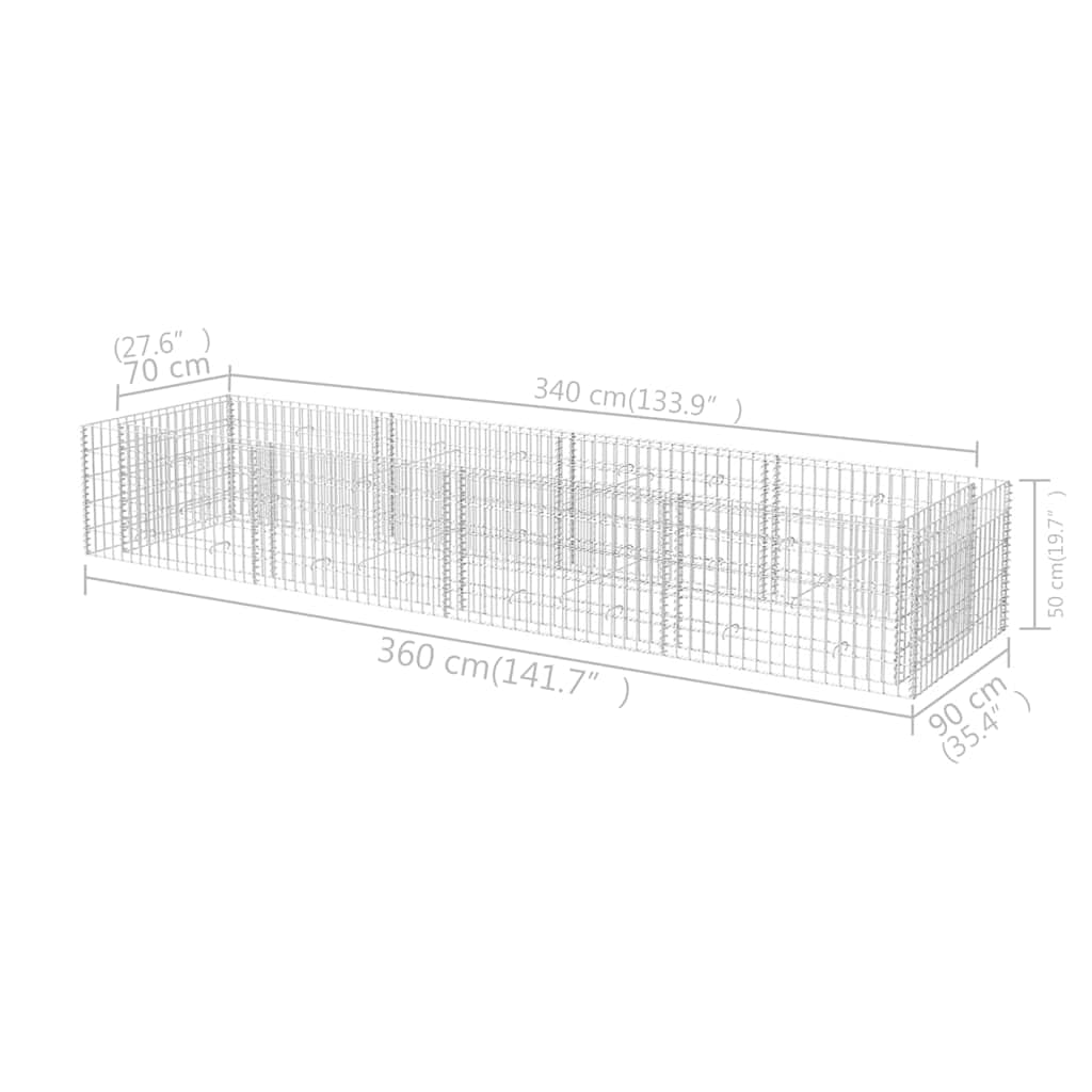 Jardinera para jardín y patio, 360 x 90 x 50 cm, gran cesta de piedra de acero galvanizado, jardinera estable para jardín y patio, resistente a la intemperie como borde decorativo de jardín