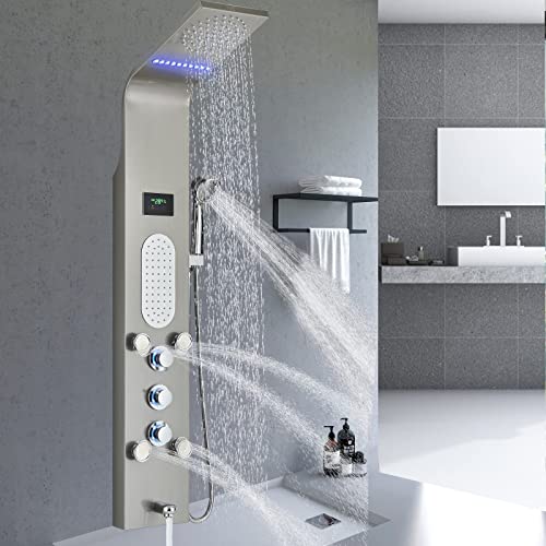 Alenart Shower Panel Tower System Led Multi-Function Shower Panel With Rainfall Waterfall Massage Jets Stainless Steel Tub Spout Hand Shower,Brushed Nickel #TOP12