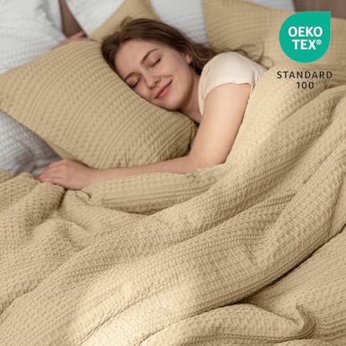 Image of PHF Soft Waffle Comforter Set King Size- Comfy Breathable Waffle Weave Comforter with 2 Pillow Shams, 3 Pieces Less Snagging Lightweight Textured Bedding Set for All Season, Light Khaki
