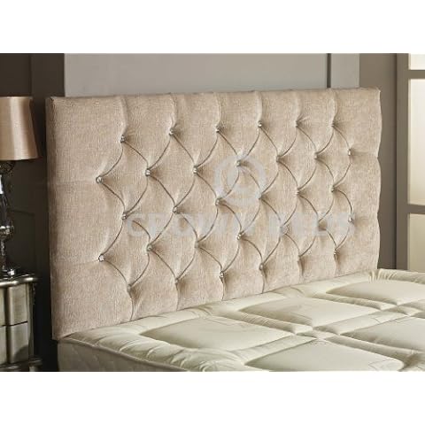CROWNBEDSUK CHESTERFIELD DIAMANTE BUTTON HEADBOARD IN 2ft5,3ft,4ft,4ft6,5ft,6ft !!!!NEW!!!! (STONE, 5FT (KINGSIZE) DIAMANTE) Cover