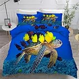 Funda Nordica Cama 80/90 - Tortuga Marina Microfibra Juego De Cama, Pez Tropical Suave y Transpirable Funda Edredon 150x220 Cm con 2 Fundas de Almohada 50x75 cm