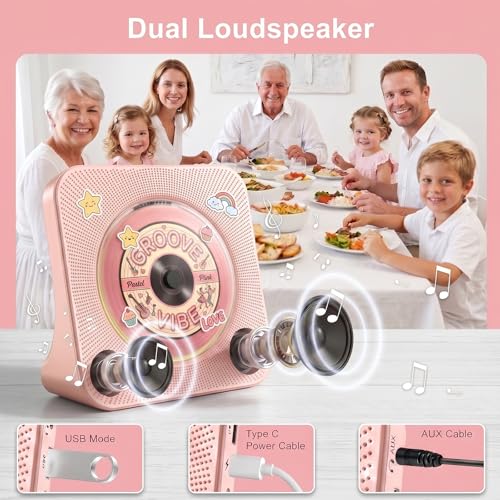 Image of Gueray CD Player Portable Bluetooth Desktop CD Player for Home with Timer Built-in HiFi Speakers with LCD Screen Display Boombox FM Radio USB Type-c (Pink)